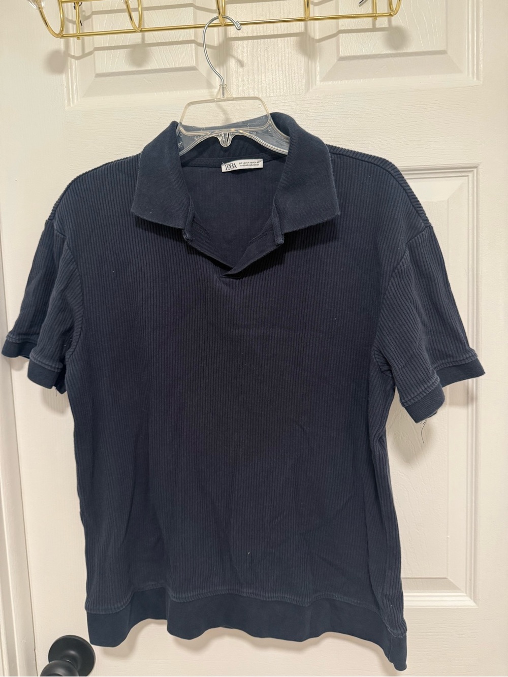 Zara Men’s Dark Navy Ribbed Short-Sleeve Polo